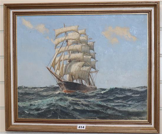 John Noble, oil on canvas board, Three master at sea, signed, 40 x 50cm